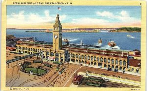 1930s SAN FRANCISCO CALIFORNIA FERRY BUILDING AND BAY SHIP LINEN POSTCARD 42-224