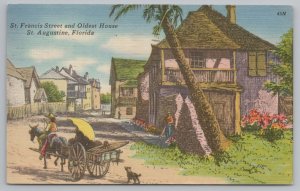 St Augustine Florida~St Francis Street & Oldest House~Vintage Postcard 