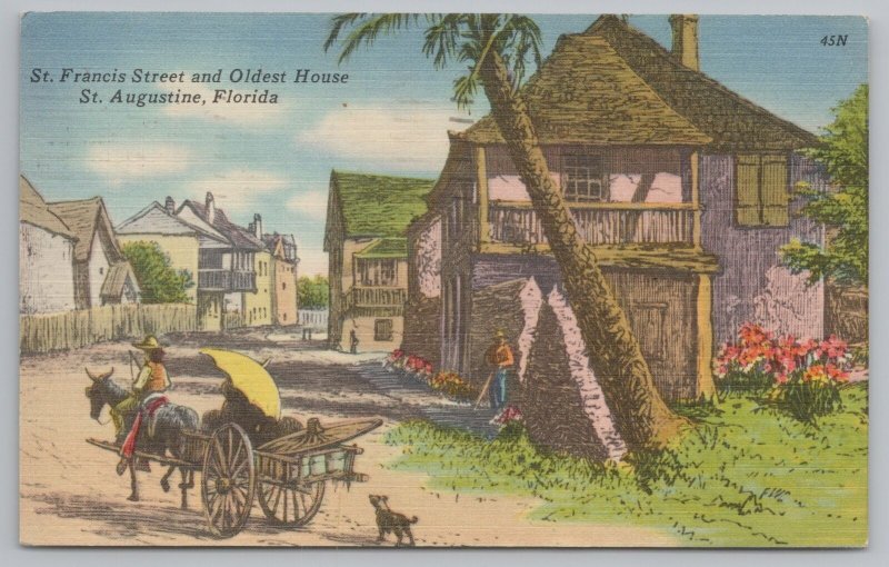 St Augustine Florida~St Francis Street & Oldest House~Vintage Postcard 