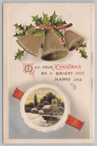 Holiday~Bells Holly & Homes By River Bright & Happy Christmas~Vintage Postcard