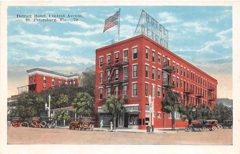 F7/ St Petersburg Florida c1915 Postcard Detroit Hotel Automobiles