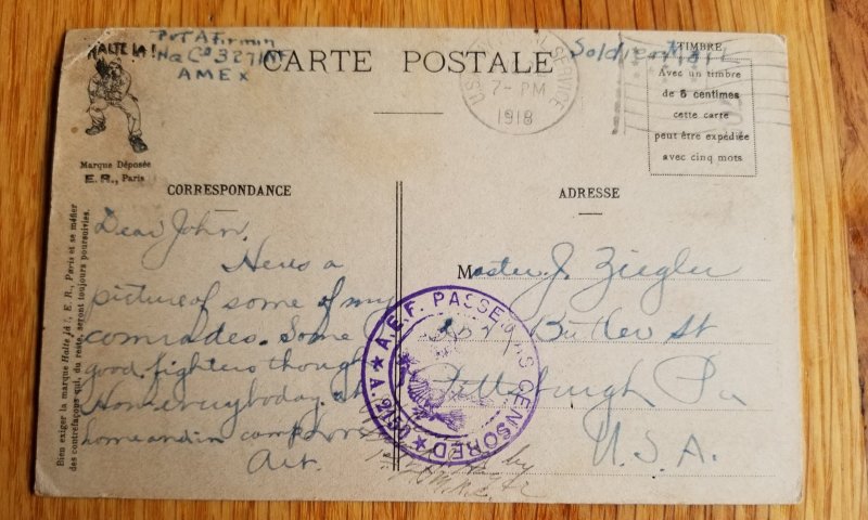 WW I Free Franked Military Post Card August 22nd 1918