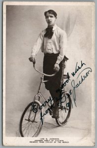 BICYCLE CIRCUS SIGNED LEO JACKSON TRICK CYCLIST ANTIQUE REAL PHOTO POSTCARD RPPC