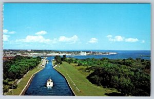 Excursion Boats Canadian Locks Sault Ste Marie Ontario Aerial View Postcard NOS