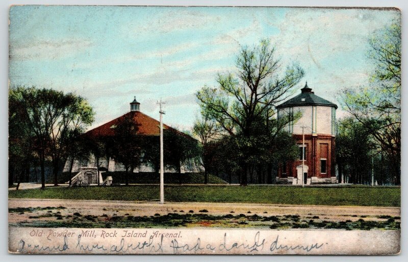 Rock Island Illinois Arsenal~Old Gun Powder Mill~2 Round Buildings~1906 Postcard 