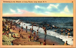 Postcard NY Long Island Swimming in the Atlantic at Long Beach 1940s H9