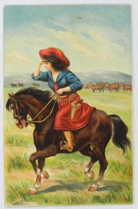 Woman in Red Dress with Red Hat Moves Across Prairie - Vintage Postcard