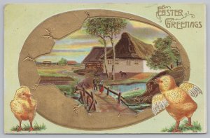 Holiday~Easter Greeting~Chicks Admiring A Farm By Pond & Bridge~PM 1910 Postcard
