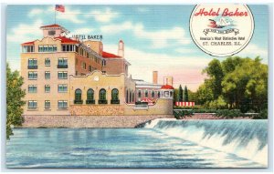 ST CHARLES, Illinois IL~ Roadside HOTEL BAKER Fox River c1940s Linen Postcard