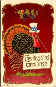 Thanksgiving Postcard Patriotic Turkey Wearing Top Hat Holding Sign Fruit~2440