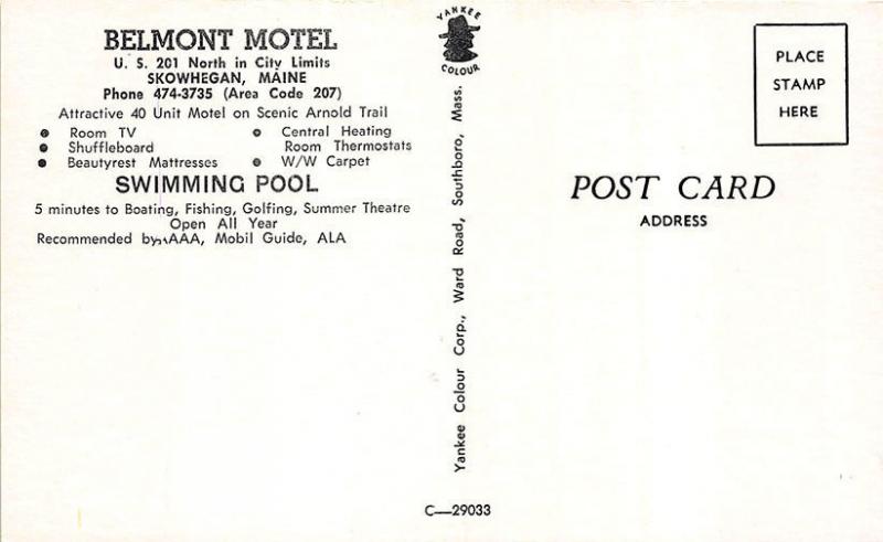 Skowhegan ME Belmont Motel on U. S. 201 Postcard