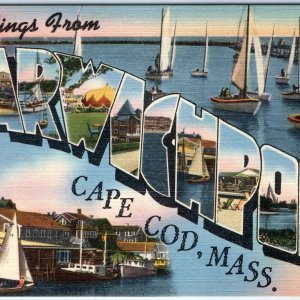 c1940s Harwichport, Cape Cod, MA Greetings Linen Tichnor Bros Postcard Boat A114