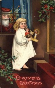 Christmas Santa Watches Little Girl Through Window Int'l Art c1910 Postcard