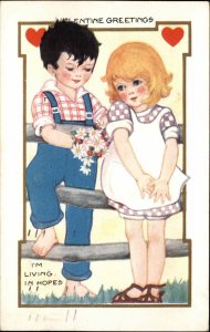 Whitney Valentine Little Boy Gives Shy Girl Flowers Vintage Postcard