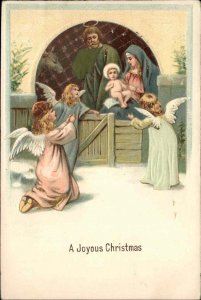 Christmas Mary Presents Baby Jesus to Little Girl Silk Angels c1910 Postcard