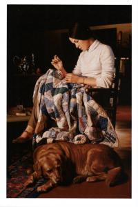 Pretty Woman sews patchwork quilt DOG Sew Needlework Art Russian Postcard