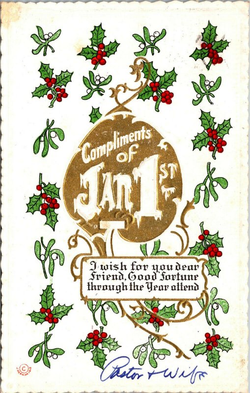 Vtg 1910s New Year Greeting Compliments of January 1st Embossed Postcard