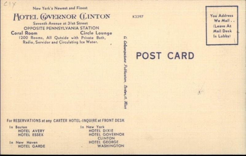 New York City Hotel Governo Clinton Linen Art Deco Postcard