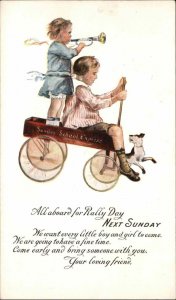 Rally Day Kids on Little Red Wagon Sunday School Vintage Postcard