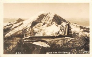 RPPC B-23 Airplane Flying Over Mt. Rainier, WA c1940s Vintage Photo Postcard