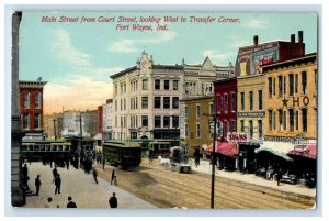 Fort Wayne IN, Main Street From Court St. Transfer Corner Trolleys Postcard