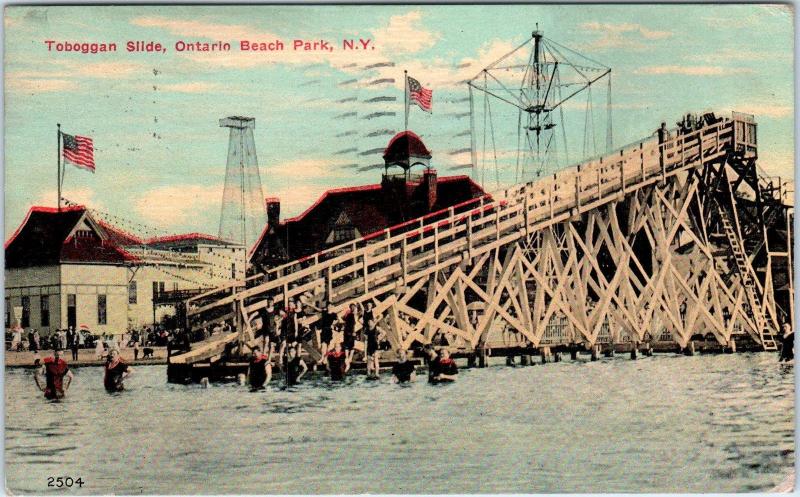 ONTARIO BEACH,  NY   TOBOGGAN SLIDE Ontario Beach Park  1915   Postcard