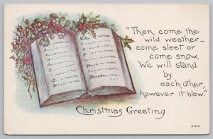 Christmas~Poem Of Courage~Open Book~Mistletoe & Holly~FA Owen~Vintage Postcard