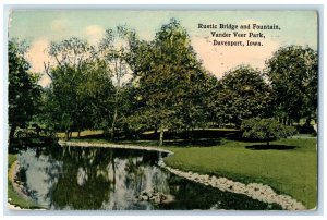 1917 Rustic Bridge Fountain Vander Veer Park Davenport Iowa IA Vintage Postcard