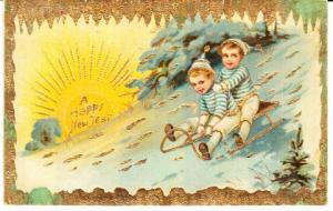 Two Boys on Sled - Gold Trim  Unused