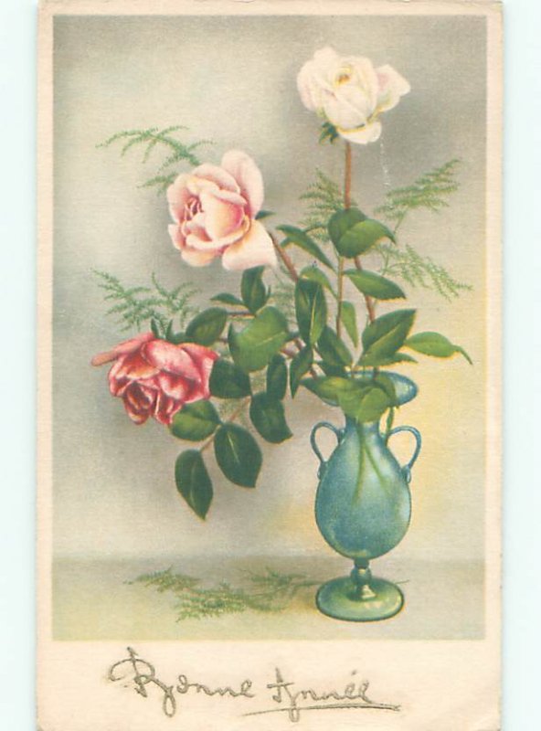 foreign Old Postcard BEAUTIFUL ROSE FLOWERS IN ANTIQUE VASE AC2735