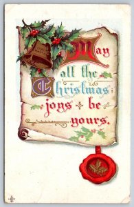 May All The Christmas Joys Be Yours, Scroll, Bell, Holly, Antique 1911 Postcard