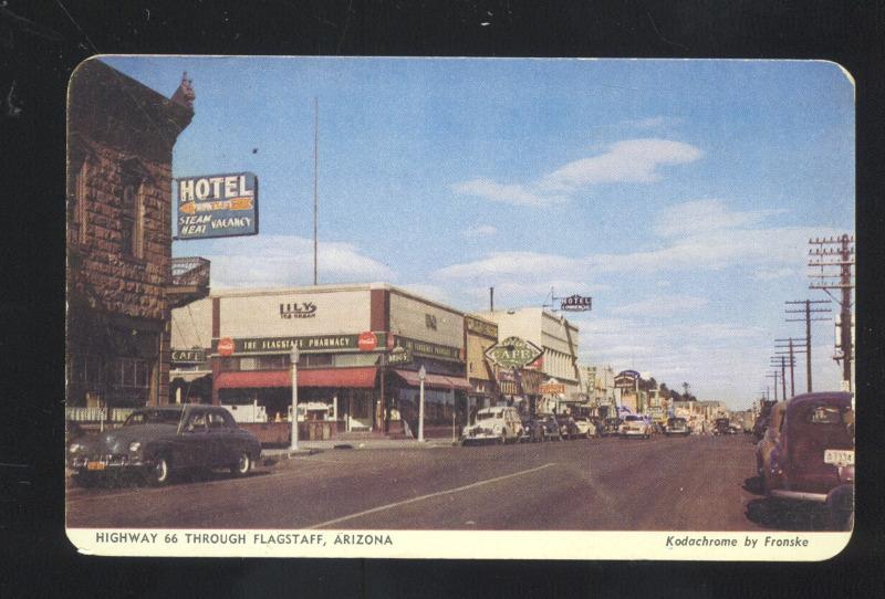 FLAGSTAFF ARIZONA ROUTE 66 LILY ICE CREAM SIGN DRUG STORE OLD CARS POSTCARD