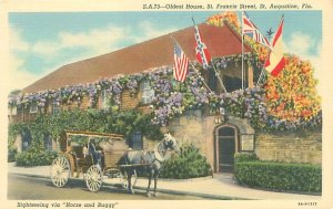 St Augustine FL Oldest House,  Horse & Buggy Linen Postcard Unused