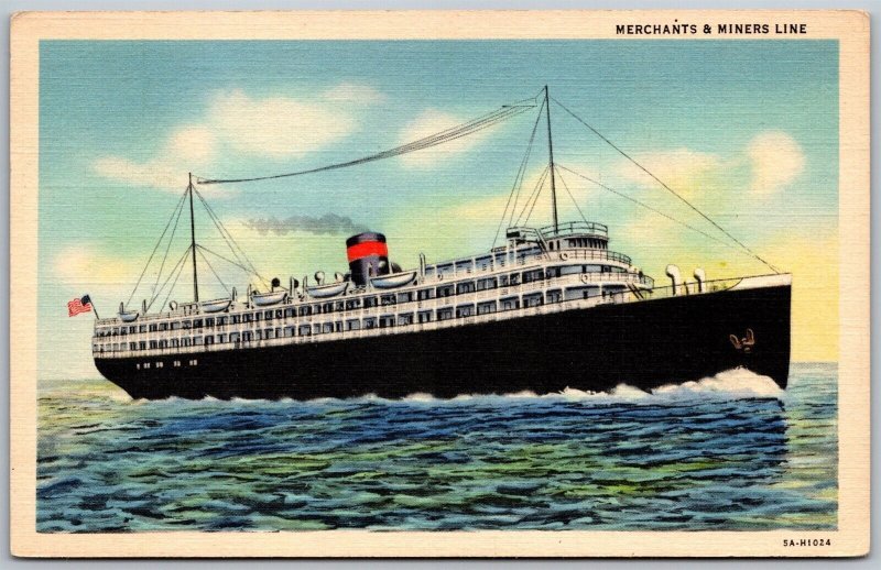 Vtg Merchant & Miners Line Steam Ship Postmark Baltimore MD 1940s Linen Postcard