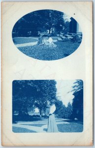 c1910s Adorable Mother & Child Cyanotype RPPC Girl Fun Sun Grass Real Photo A258