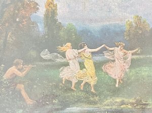 Antique German Postcard Beautiful Painting Cupid Flute Dancing Meadow ASM