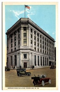 Antique German Bank Building, Old Cars, American Flag, Wheeling, WV Postcard