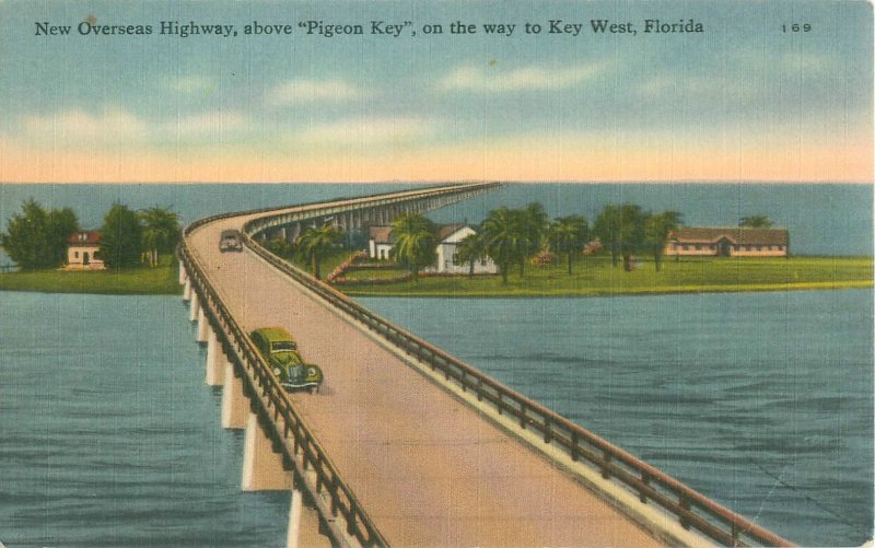 Overseas Highway Above Pigeon Key Florida Linen Postcard