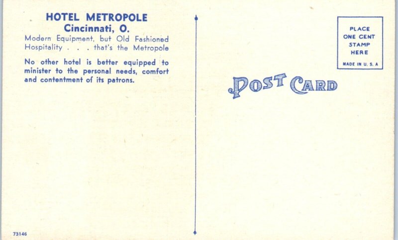 1930s Hotel Metropole Cincinnati Ohio Postcard