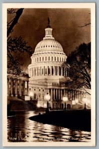 Postcard RPPC c1950s Washington DC U.S. Capitol Building At Night Sawyers Photo