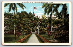 Fort Myers Florida~Royal Palm Hotel From Flower & Tree Lined Sidewalk~Vintage PC