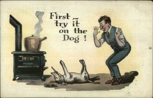 Bachelor Man Cooks Tries on Dog First Kills Dog MaCabre Humor Postcard