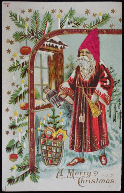 Christmas Santa Claus Silk Hat Bugle Toys Embossed Postcard