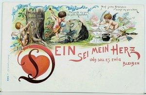 Germany Valentines Cupids Writing Messages Dein Sei Mein Herz 1890s Postcard J13