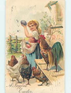 Pre-Linen CHICKENS WATCH GIRL HOLD UP EASTER EGG hr2023