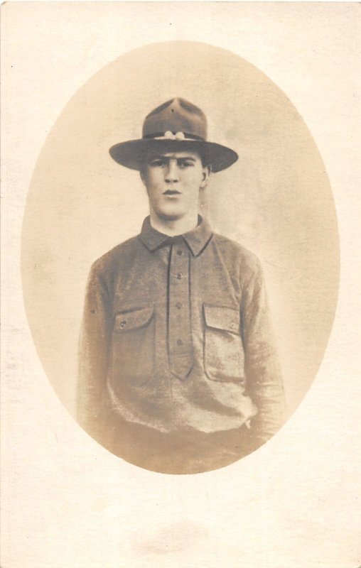 J56/ Interesting RPPC Postcard U.S. Army Soldier c1910-20 Soldier Hat 134