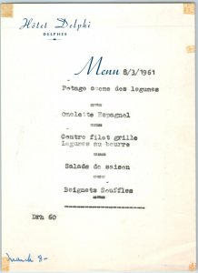 1961 Delphes, Greece Hotel Delphi Restaurant Dinner Menu French Paper Sheet 3U