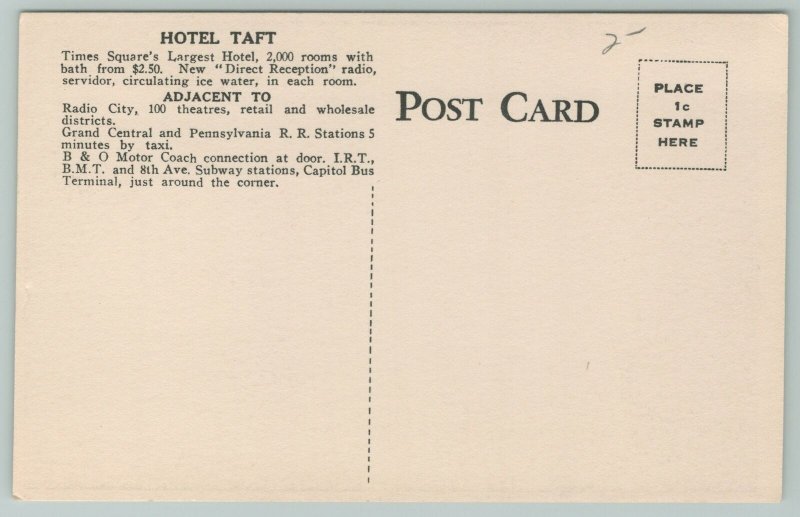 New York City~Hotel Taft Building~Tap Room~Grill~Lobby~Vintage Postcard