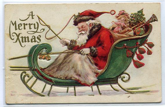 Santa Sleigh Merry Xmas Christmas Holiday Greetings 1926 postcard