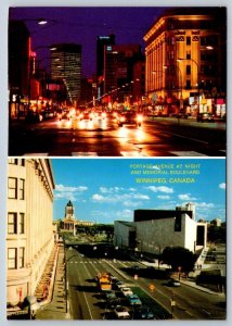 Portage Avenue At Night & Memorial Avenue, Winnipeg Manitoba Split View Postcard
